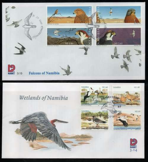 Namibia 1999 Falcons and Birds of Wetlands FDC`s No 3.13 and FDC 3.14. Cat R165 (2023-25)