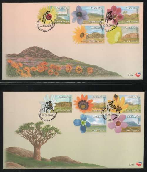 South Africa 2008 Namaqualand set of 10 on 2 FDC`s 7.134 & 7.135. Cat R140 (2023-25)