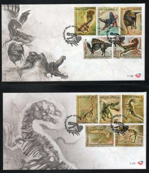 South Africa 2009 Dinosaurs set of 10 on 2 FDC`s 7.156 & 7.157. Cat R160 (2023-25)