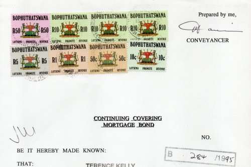 Bophuthatswana 1988 Revenue stamps on Mortgage Bond. Barefoot 4, 6, 7, 9, 10 & 11. Cat £75 (2012)