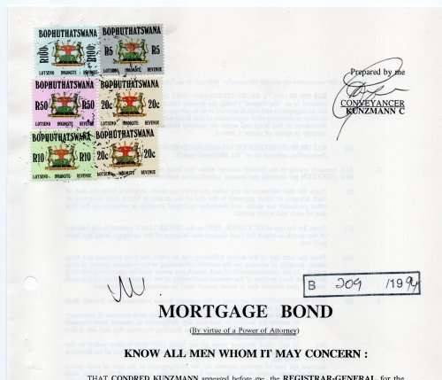 Bophuthatswana 1988 Revenue stamps on Mortgage Bond. Barefoot 5, 9, 10, 11 & 12. Cat £85 (2012)