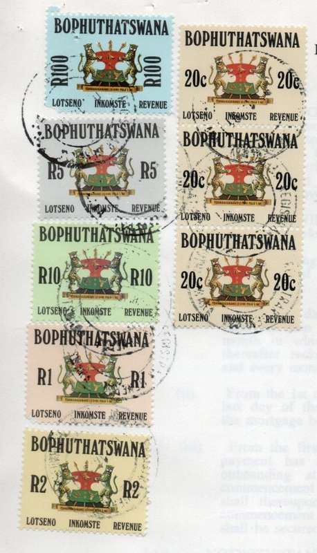 Bophuthatswana 1988 Revenue stamps on Mortgage Bond. Barefoot 5, 7, 8, 9, 10 & 12. Cat £75 (2012)