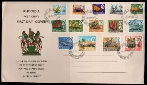 Rhodesia 1966 Independence set of 14 (no 5/- Churchill) on FDC. SACC 116-129. Cat R370 (2023-25)