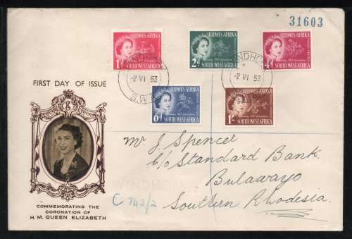 South West Africa 1953 QEII Coronation set of 5 on FDC. SACC 177-181. Cat R120 (2023-25)