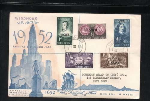 South West Africa 1952 Landing of Van Riebeeck set of 5 on FDC. SACC 172-176. Cat R120 (2023-25)