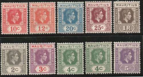 Mauritius 1938 KGVI Definitive part set of 10 unmounted mint. SG 252-260. Cat £56 (2022)