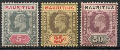 Mauritius 1910 KEVII Definitive 5c, 25c & 50c mounted mint. SG 185, 190 & 191. Cat £12,50 (2022)