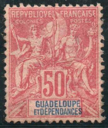 Guadeloupe 1892 Definitive 50c red on pink mounted mint. SG 45. Cat £28 (2013)