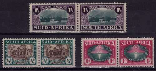 South Africa 1939 Huguenot set of 3 pairs mm with UHB V3 green dot in reflection of sun. SACC 81-83.
