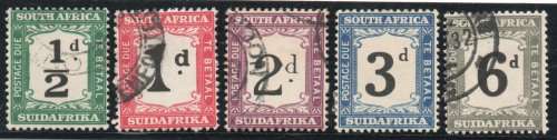 South Africa 1927-28 Postage Due set of 5 very fine used except 3d mint. SACC 17-21a Cat R270