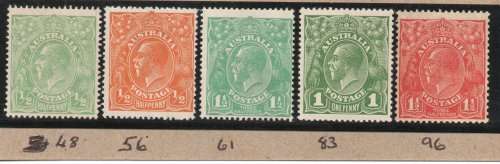 Australia 1914-30 KGV Defin mint selection of 5 stamps. SG 48, 56, 61, 83 & 96. Cat £32,75 (2022)