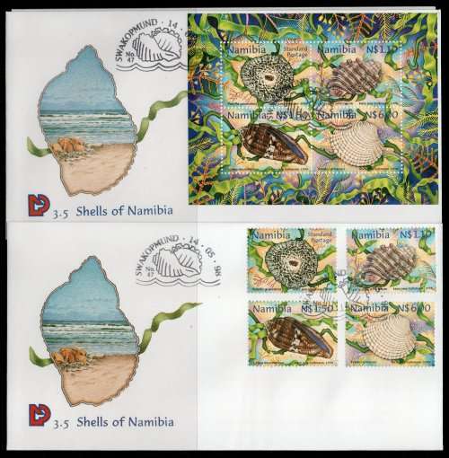 Namibia 1998 Shells of Namibia mini sheet and set of 4 on 2 FDC`s. SACC 252-6. Cat R210. (2023-25)