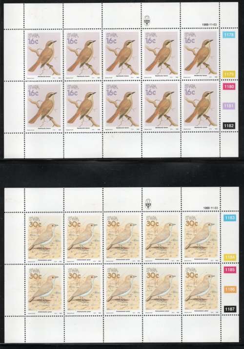 South West Africa 1988 Birds of SWA set of 4 in sheets of 10 umm. SACC 514-517. Cat R400 (2023-25)