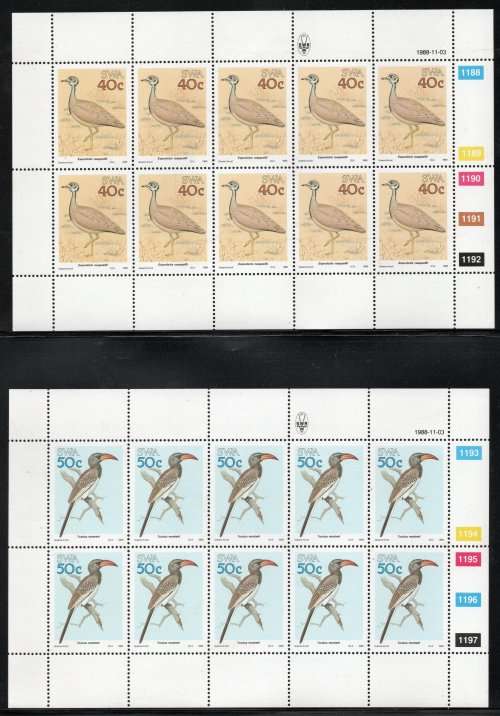 South West Africa 1988 Birds of SWA set of 4 in sheets of 10 umm. SACC 514-517. Cat R400 (2023-25)
