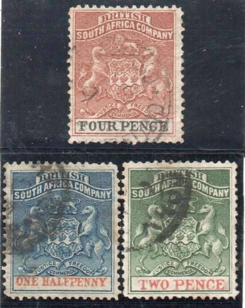 Rhodesia BSA Company 1892-94 Definitive ½d, 2d & 4d fine used. SACC 19, 20 & 22. Cat R500 (2023-25)
