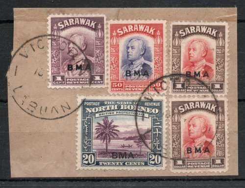 Sarawak 1945 (SG 139-140) & North Borneo 1945 (SG 329) combination used on piece.  Cat £18,75 (2022)