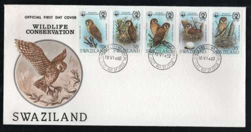 Swaziland 1982 Wildlife Conservation Pel`s Fishing Owl set of 5 on FDC. SG 399-403.