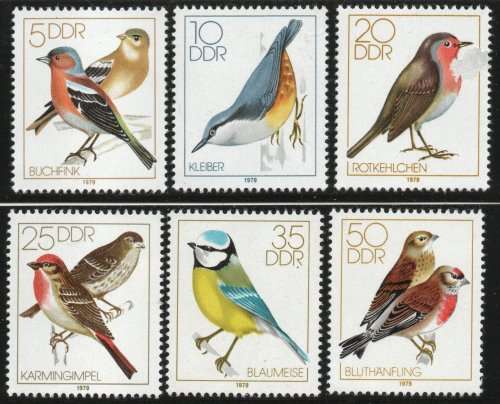 Germany East 1979 Song Birds set of 6 umm but 20Pf damaged. SG E2098-E2103. Cat £5,25 (2013)