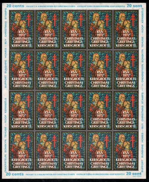South Africa 1972 Christmas Greetings full sheet of 20 unmounted mint but paper adherence to back.