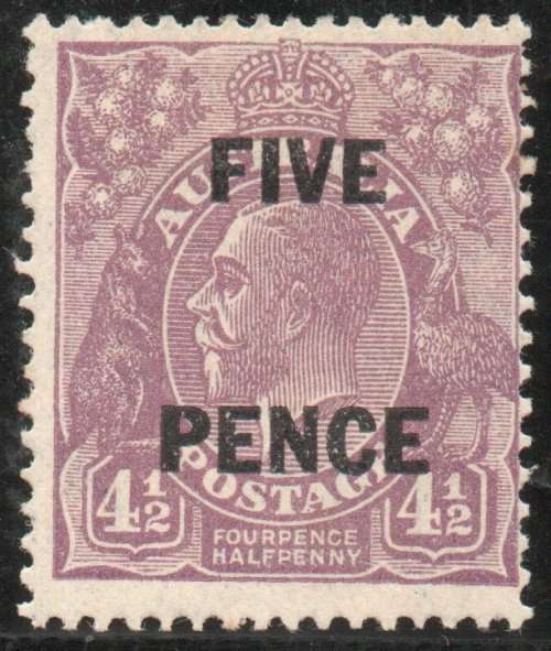Australia 1930 surcharge 5d on 4½d violet lightly mounted mint. SG 120. Cat £16 (2022)