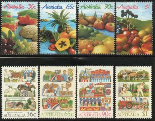 Australia 1987 2 sets of 4 umm. Fruit SG 1050-53. Agricultural shows SG 1054-57. Cat £4,75 (2018)