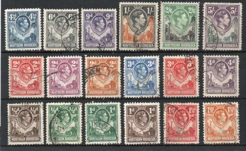 Northern Rhodesia 1938-52 KGVI part set of 17 used & 4½d umm. SACC 25-41 & 43. Cat R770 (2023-25)