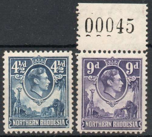 Northern Rhodesia 1938-52 KGVI Defin 4½d & 9d lightly mounted mint. SACC 37 & 39. Cat R130 (2023-25)