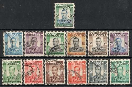 Southern Rhodesia 1937 KGVI Definitive set of 13 vfu. (5/- fiscal) SACC 42-54. Cat R360 (½-2/6d)