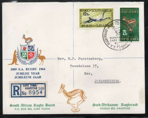South Africa 1964 SA Rugby Board 75th Anniv set of 2 on FDC. SACC 245-6. Cat R160 (2023-25)