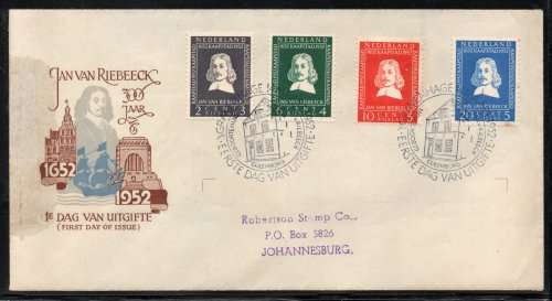 Netherlands 1952 Van Riebeeck set of 4 on illustrated FDC. SG 744-747. Stamps cat £25,50 (2013)