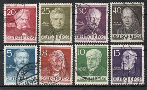 Germany West Berlin 1952 Famous Berliners part set of 8 vfu. SG B92, B94-B100. Cat £56,80 (2013)