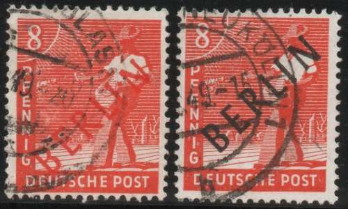 Germany West Berlin 1948-9 Pictorial `BERLIN` black & red o/p 8pf vfu. SG B3 & B23. Cat £12,5 (2013)