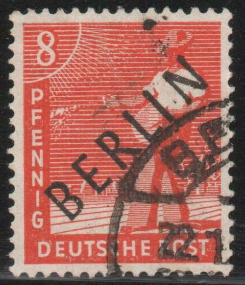 Germany West Berlin 1948 Pictorial `BERLIN` black o/p 8pf vfu. SG B3. Cat £6,25 (2013)