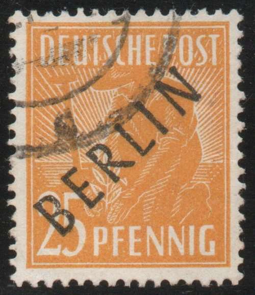 Germany West Berlin 1948 Pictorial `BERLIN` black o/p 25pf vfu. SG B10. Cat £65 (2013)