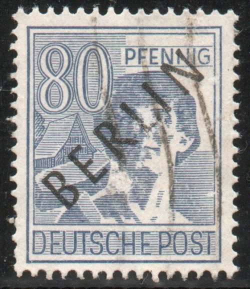Germany West Berlin 1948 Pictorial `BERLIN` black o/p 80pf vfu. SG B15. Cat £32 (2013)