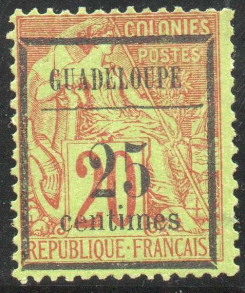 Guadeloupe 1899 surcharge 25c on 20c red on green mint no gum. SG 10. Cat £9,25 (2013)