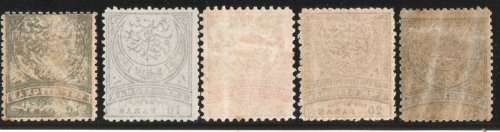 Turkey 1876 Definitive part set of 5 mounted mint. SG 90, 82, 103, 91, 84. Cat £36,90 (2013)