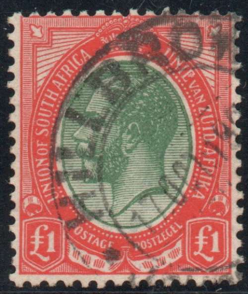 South Africa 1913 KGV Definitive £1 green and red very fine used. Cat R6500 (2023)