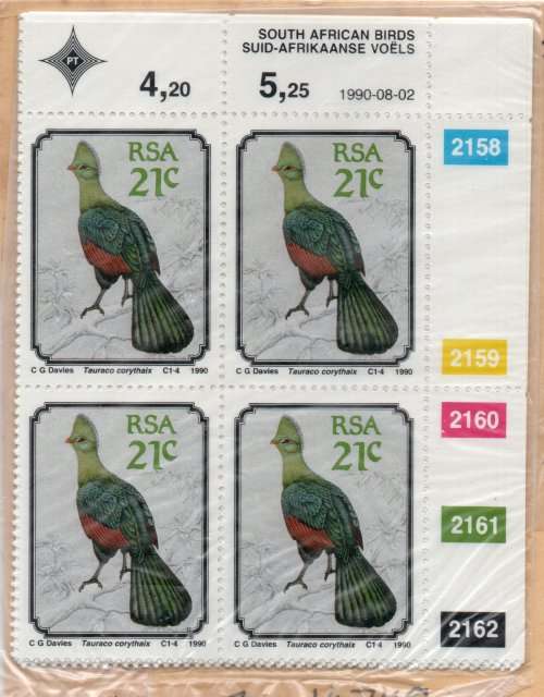 South Africa 1990 SA Birds set of 4 in control blocks of 4 umm. SACC 727-730. Cat R108 (2023-25)