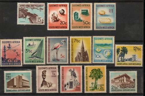 South West Africa 1961 defin set of 15 unmounted mint but toning. SACC 199-213. Cat R1244 (2023-25)