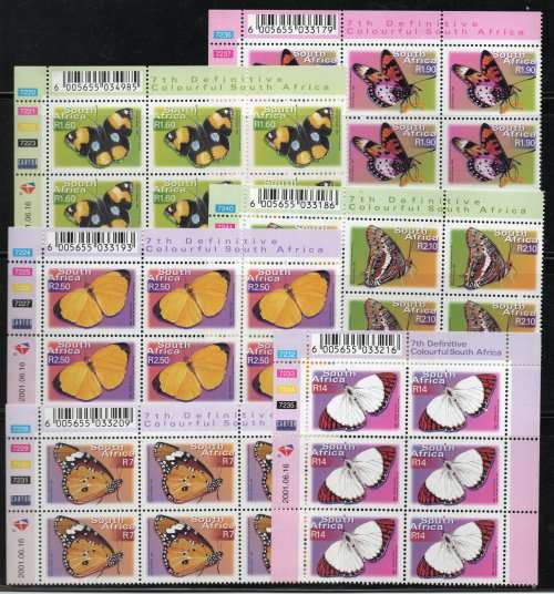 South Africa 2001 Add 7th Defin issue set of 6 in control blocks of 6 umm SACC 1403-8. Cat R2130.
