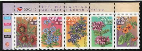 South Africa 2000 Colourful SA 7th Defin R1,30 control strip of 5 umm. SACC 1304-8. Cat R80(2023-25)