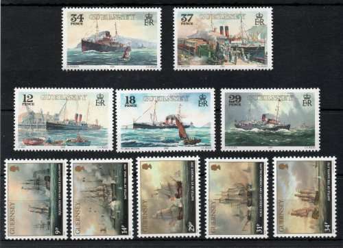 Guernsey 1986 and 1989 ships sets of 5 umm. SG 360-364 and SG 463-467. Cat £7,65 (2013)