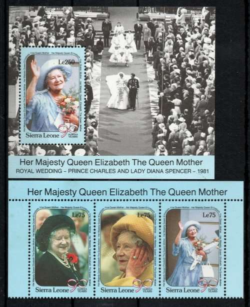 Sierra Leone 1990 `90th Birthday Queen Mother` set of 3 & m/s umm. SG 1493-1496. Cat £8,25 (2013)