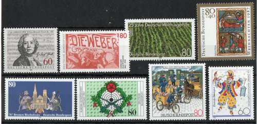 Germany West 1987 8 stamps unmounted mint. SG 2193-94, 2199, 2221-2225. Cat £16,50 (2013)