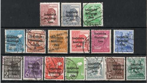 Germany Russian Zone 1948 Optd 1947 Pict Issue part set of 16 vfu. SG R1-14, 16-17 Cat £20,45 (2013)