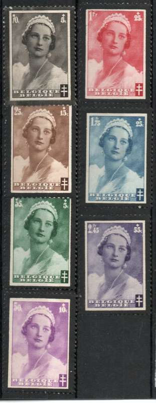 Belgium 1935 Queen Astrid Mourning Stamp and Anti TB Fund part set of 7 mm SG 713-720. Cat £9 (2013)