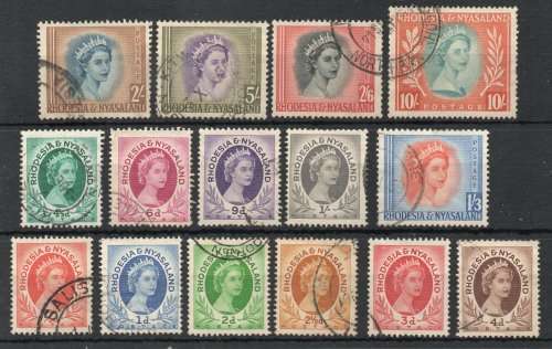 Rhodesia and Nyasaland 1954 QEII Definitive part set of 15 vfu. SACC 1-14. Cat R548 (2023-25)