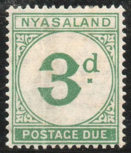 Nyasaland 1950 Postage Due 3d green mounted mint. (vertical crease) SG D3. Cat £17 (2022)