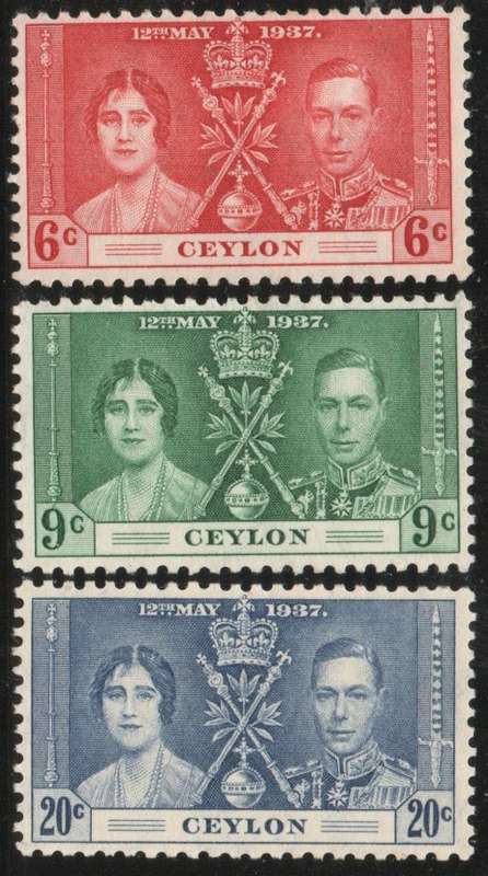 Ceylon 1937 Coronation set of 3 mounted mint. SG 383-385. Cat £6,65 (2022)